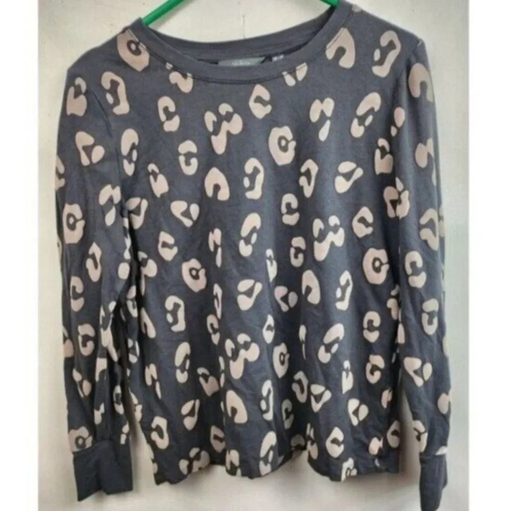 AnyBody Womens Sweatshirt Small Gray‎ Tan French Terry Animal Print Loungewear
